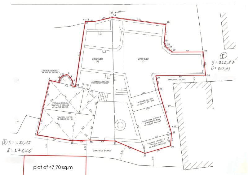 Topographic plan from the plots with the renovated and the semi-renovated house