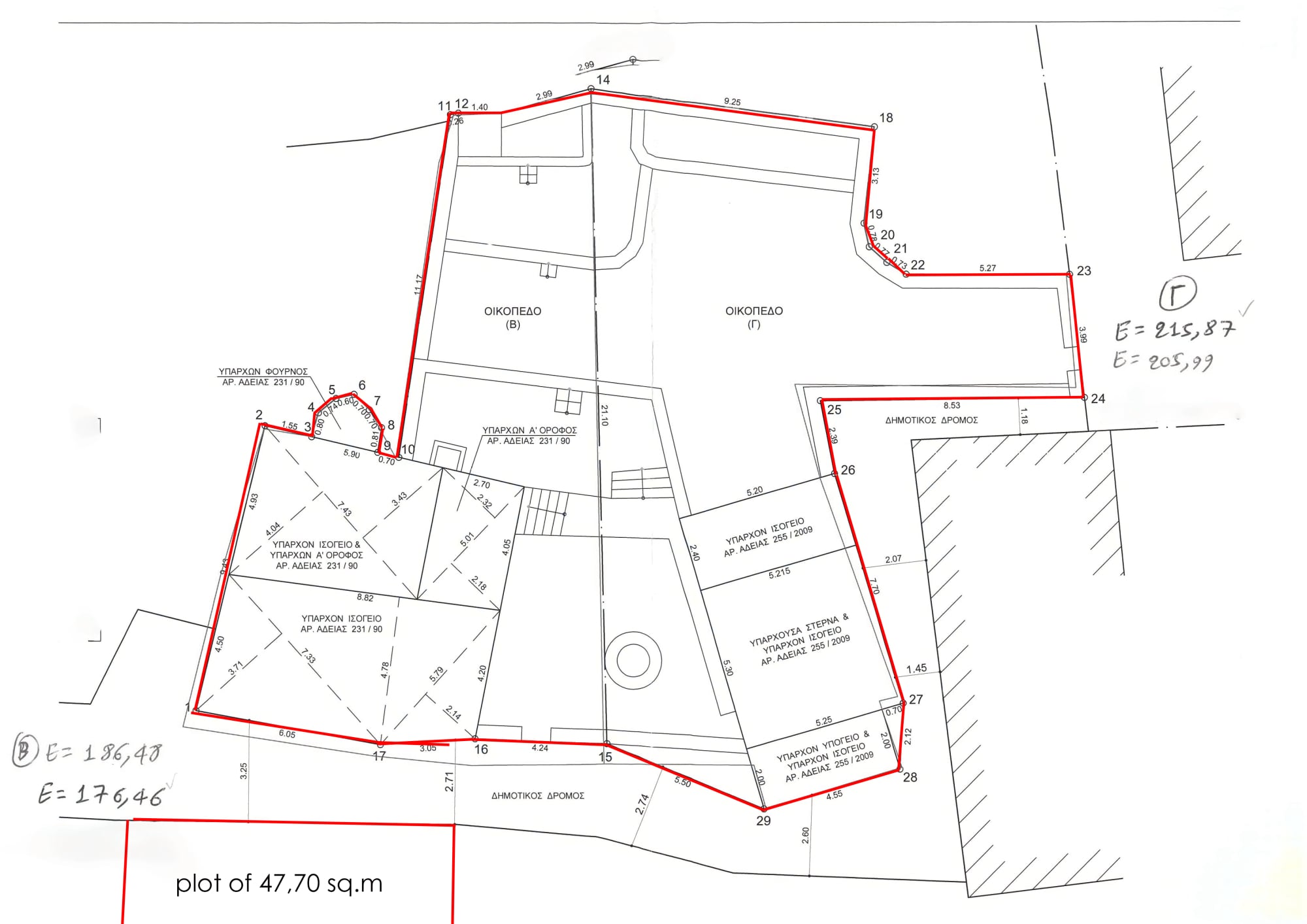 Topographic plan from the plots with the renovated and the semi-renovated house
